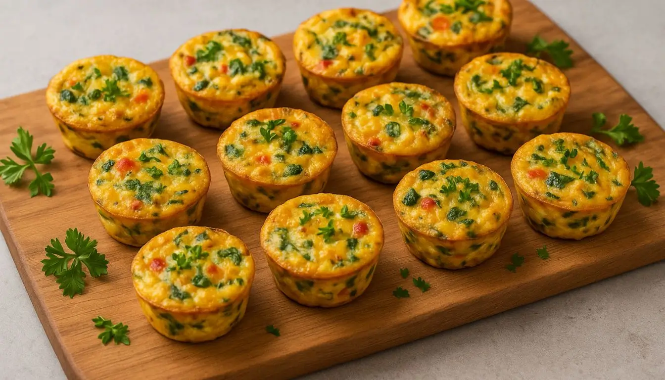 Savory Cottage Cheese Breakfast Frittata Bites Mini frittata egg bites with spinach, peppers, and herbs on a wooden board.