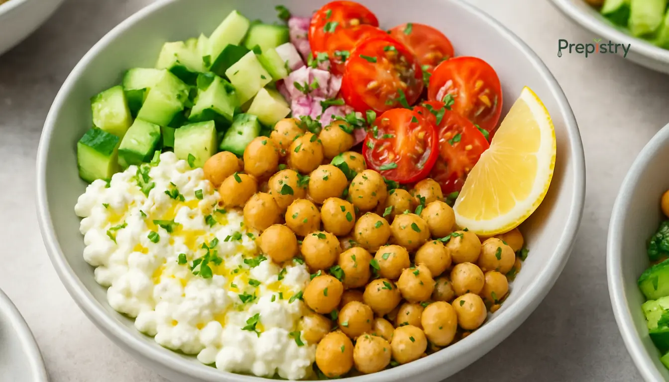 Savory Cottage Cheese and Chickpea Lunch Bowls Savory cottage cheese and chickpea bowl with cucumbers, tomatoes, onion, and lemon wedge