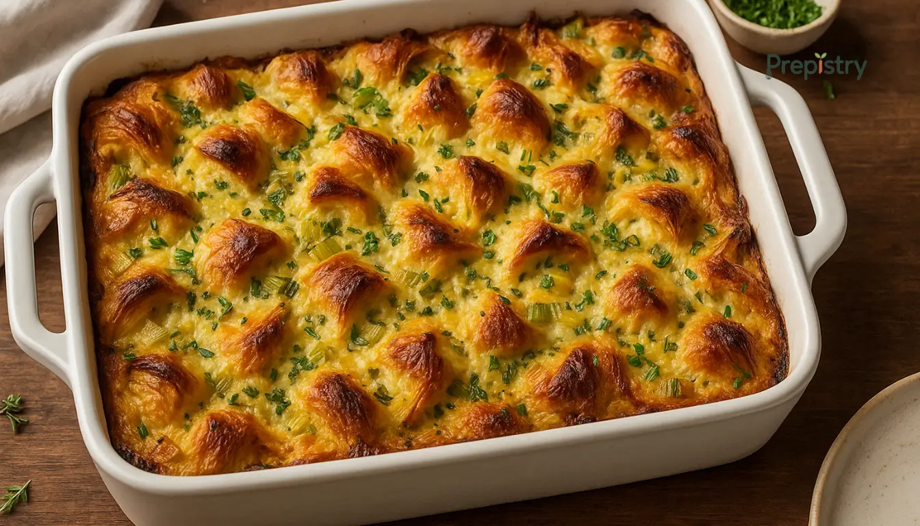 Savory Croissant & Leek Breakfast Bake Golden croissant breakfast bake with leeks and herbs in a white casserole dish