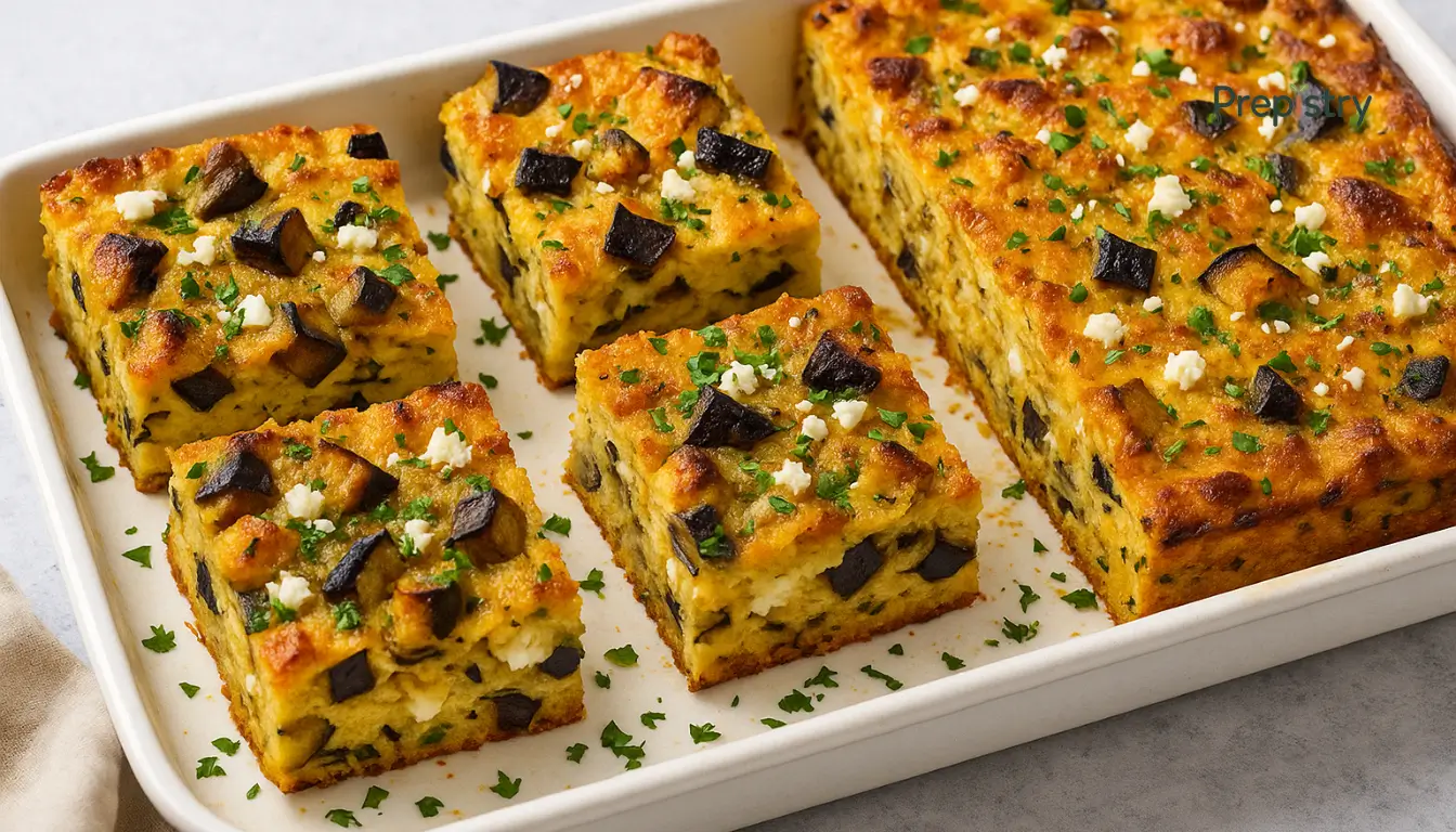 Savory Eggplant & Feta Breakfast Strata Golden baked breakfast strata with eggplant cubes, feta, and herbs in a white baking dish