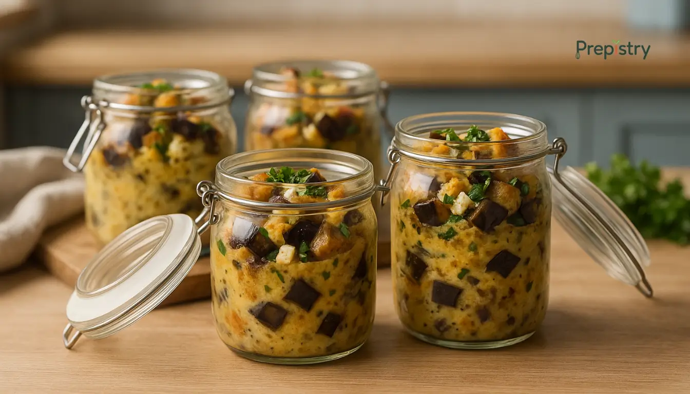Savory Eggplant & Feta Breakfast Glass jars filled with baked eggplant strata layered with feta and herbs on a wooden surface