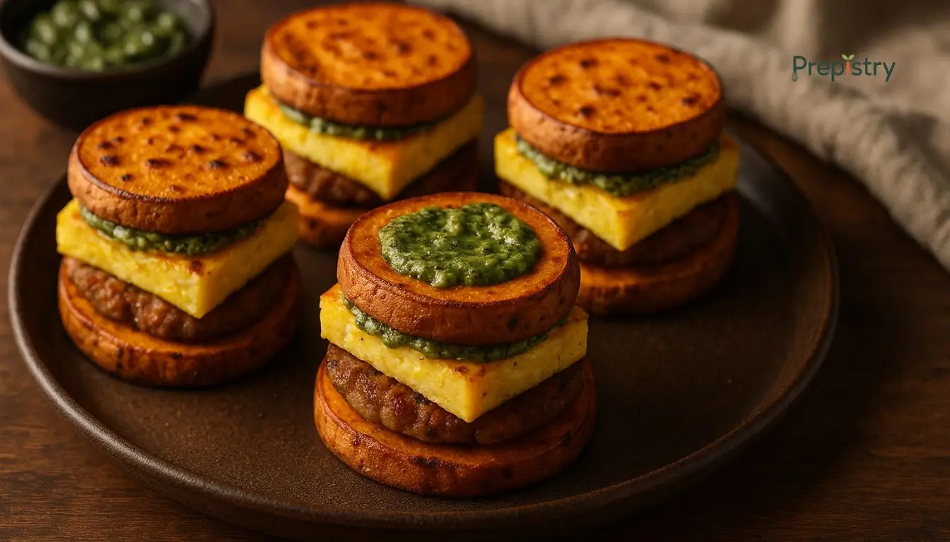 Savory Freezer-Ready Egg & Sweet Potato Savory sweet potato breakfast stackers layered with baked eggs, turkey sausage, and herb spread