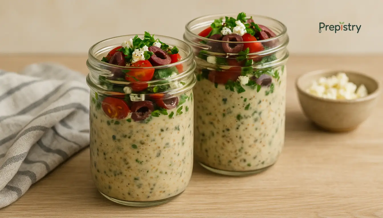 Savory overnight oats in glass jars with tomatoes, feta, olives, and herbs on a wooden surface