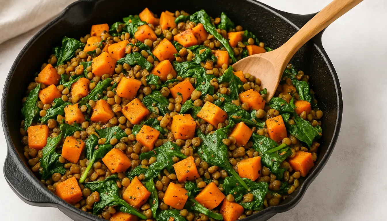 Savory Lentil and Sweet Potato Breakfast Hash Skillet with lentils, sweet potatoes, and wilted spinach with a wooden spoon.