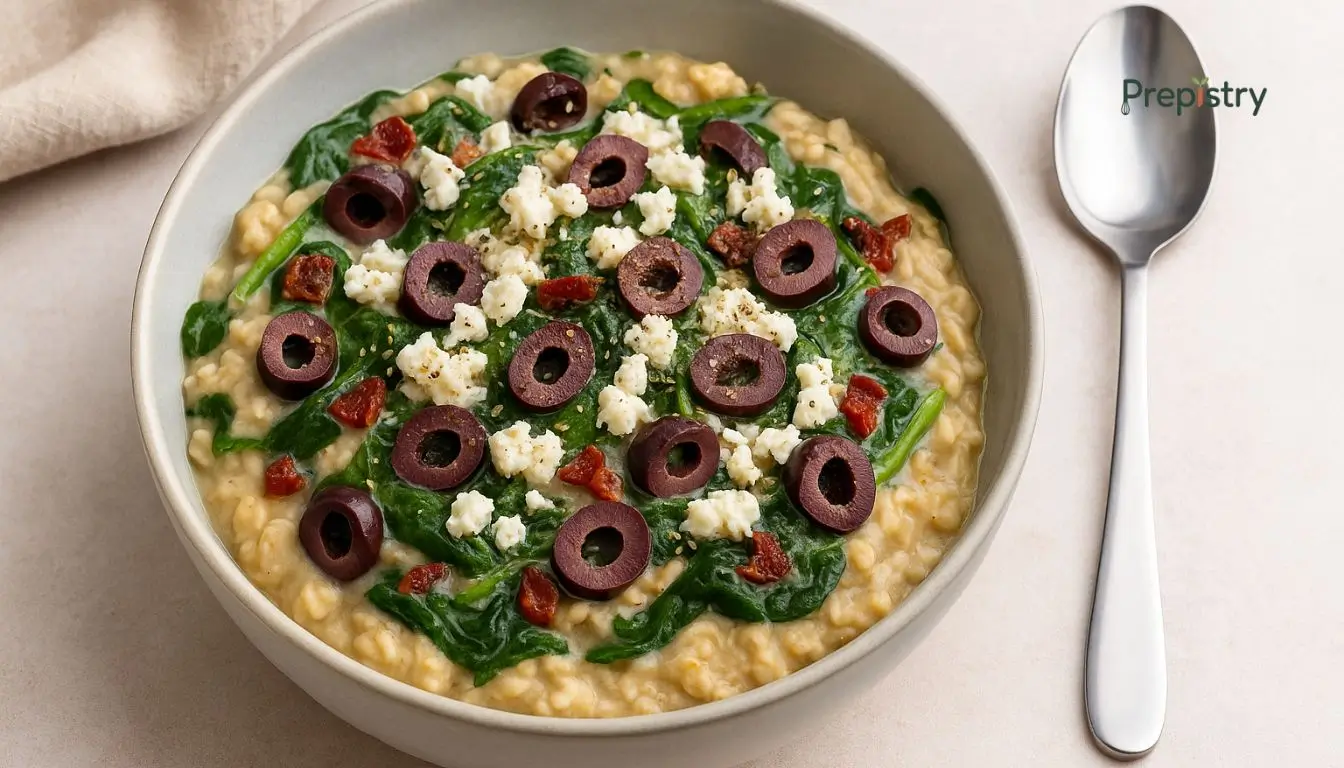 Savory Mediterranean Oatmeal Mediterranean oatmeal topped with spinach, olives, sun-dried tomatoes, and crumbled feta in a bowl