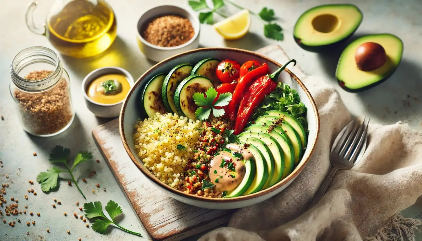 Healthy quinoa veggie bowl with avocado, roasted vegetables, and a creamy dressing.