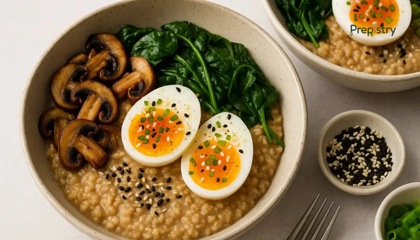 Savory Miso Oatmeal Bowls with Soft-Boiled Eggs Savory oatmeal bowl topped with soft-boiled eggs, sautéed greens, and sesame seeds