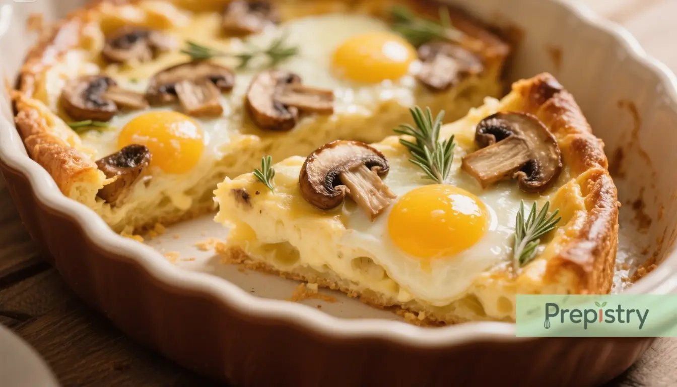 Savory Mushroom & Thyme Breakfast Clafoutis A baked egg dish with caramelized mushrooms, thyme, and eggs in a golden-brown clafoutis, garnished with rosemary.