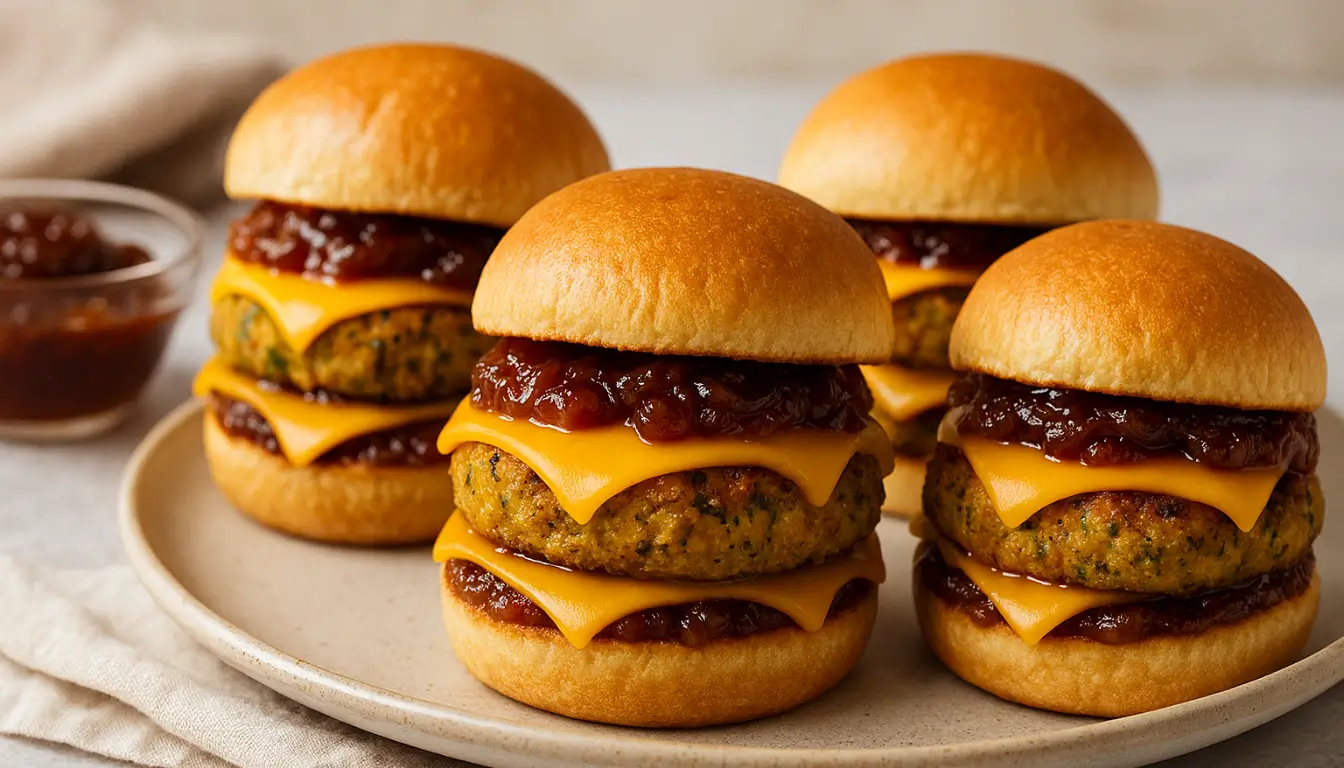 Savory plant-based breakfast sliders with cheese and chutney on a plate