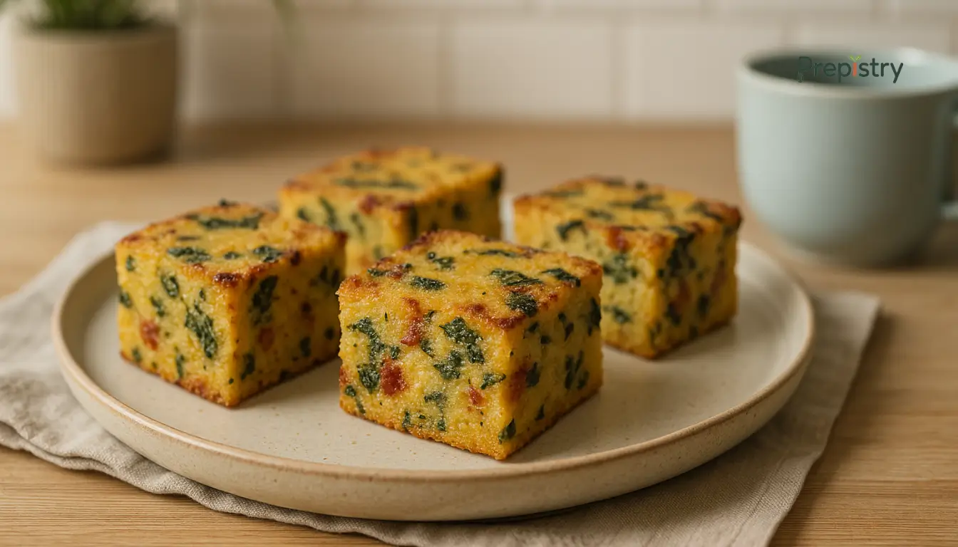 Savory Polenta Breakfast Cakes Golden polenta cakes with spinach and sundried tomatoes on a plate in a cozy kitchen setting