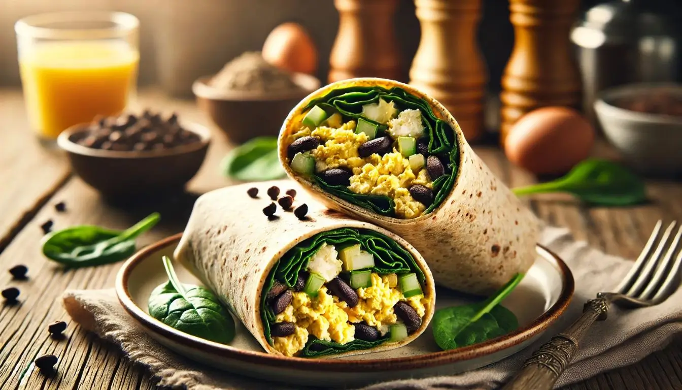 Savory Protein-Packed Veggie Breakfast Wraps Veggie breakfast wraps filled with scrambled eggs, spinach, cucumbers, and black beans.