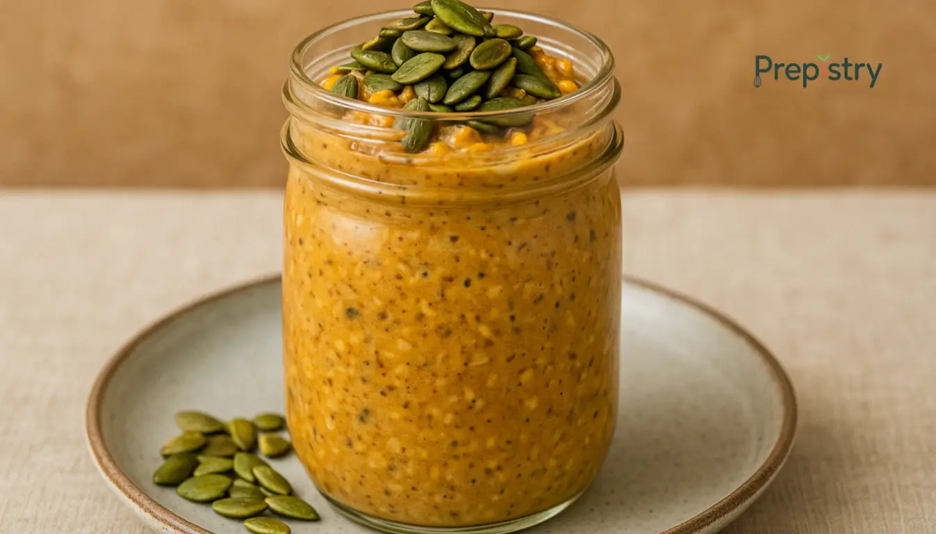 Savory Pumpkin Tahini Overnight Oats Jar of savory pumpkin overnight oats topped with green pumpkin seeds