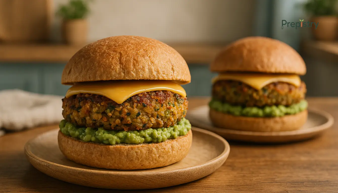 Savory Quinoa Breakfast Burgers Golden quinoa veggie burgers with cheddar and avocado spread on whole wheat buns