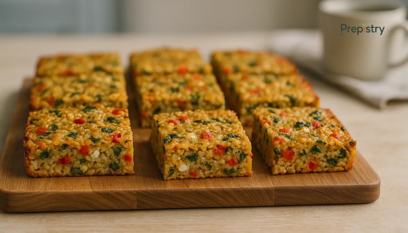 Savory Red Pepper & Feta Oatmeal Breakfast Bars Golden-baked oatmeal bars with red pepper, spinach, and feta on a wooden board