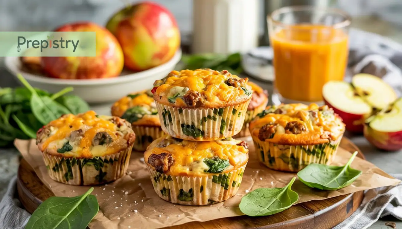 Savory Sausage & Cheddar Breakfast Muffins Savory breakfast muffins with sausage, cheddar, and spinach stacked on parchment paper.