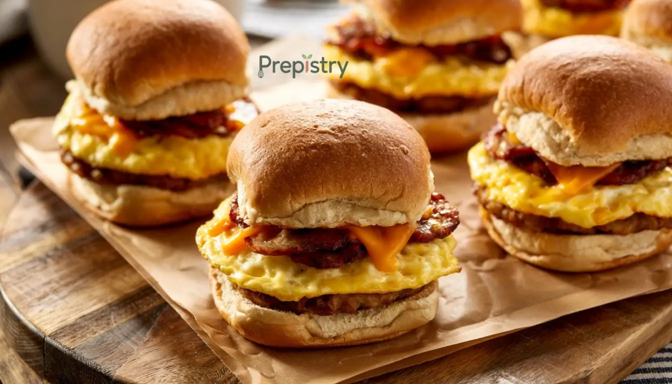 Savory Sausage & Cheddar Breakfast Sliders Savory breakfast sliders with scrambled eggs, sausage, and melted cheddar cheese on soft buns.