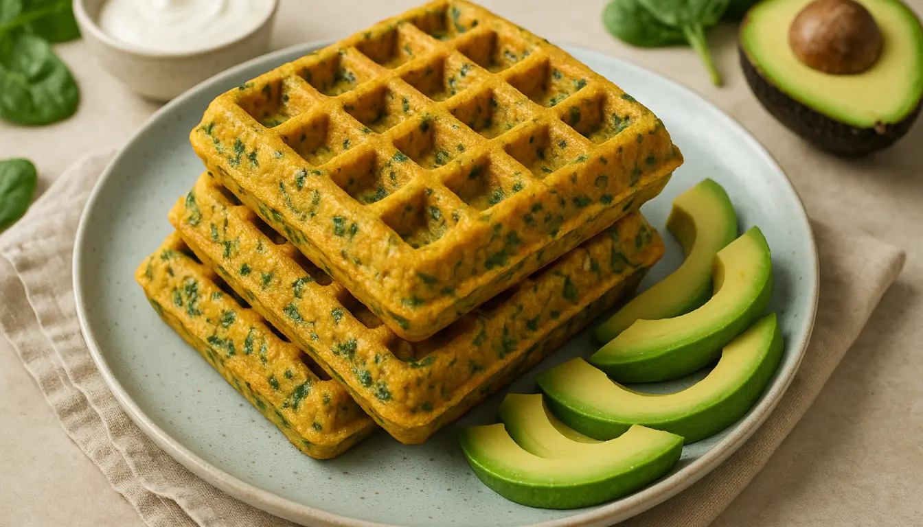 Savory Spinach & Chickpea Golden chickpea spinach waffles served with sliced avocado on a ceramic plate