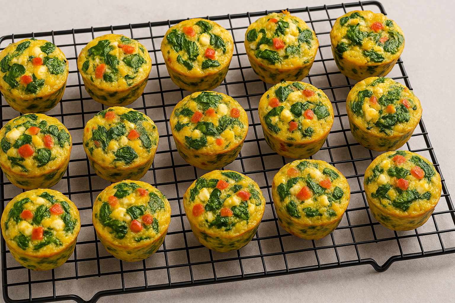 Savory Spinach Egg Muffins Baked spinach egg muffins cooling on a wire rack