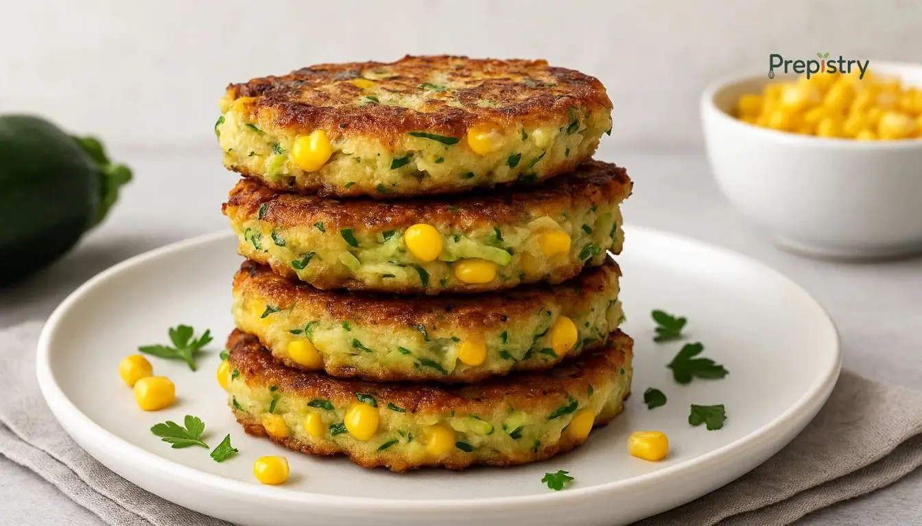 Savory Sweet Corn and Zucchini Breakfast Fritters Stack of golden brown sweet corn and zucchini fritters on a white plate with parsley garnish