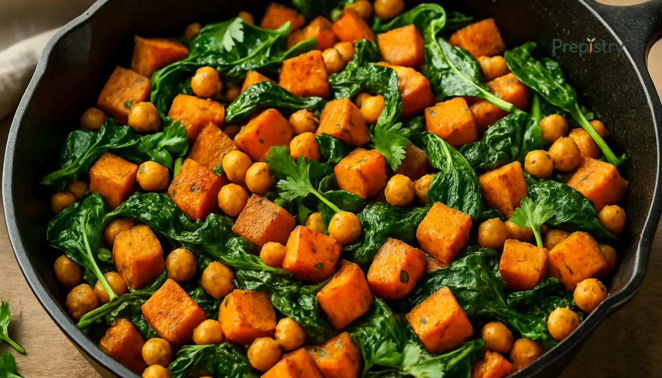Savory Sweet Potato Breakfast Hash Skillet with roasted sweet potatoes, crispy chickpeas, and wilted spinach for breakfast