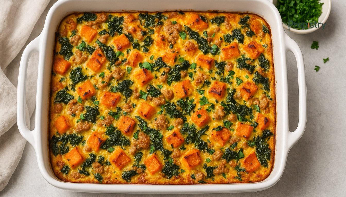 Savory Turkey Sweet Potato Breakfast Bake Baked egg casserole with sweet potato, turkey sausage, and kale in a white dish