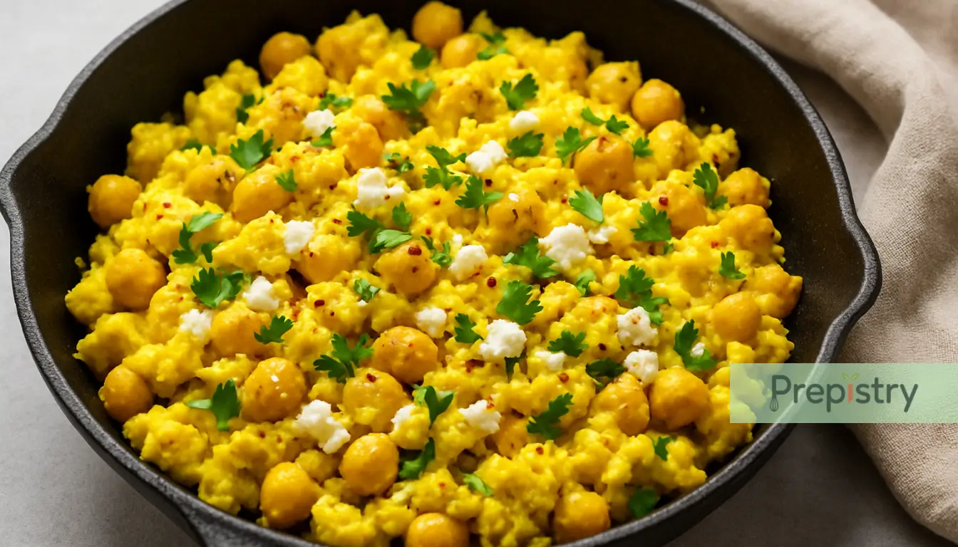 A vibrant yellow turmeric chickpea scramble with eggs, feta, and parsley in a skillet.
