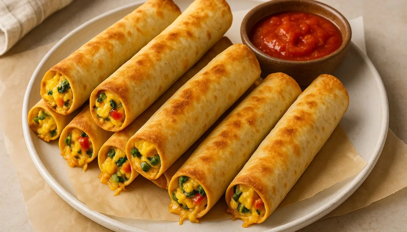 Savory Veggie Breakfast Taquitos Crispy taquitos filled with scrambled eggs, veggies, and melted cheese served with salsa.