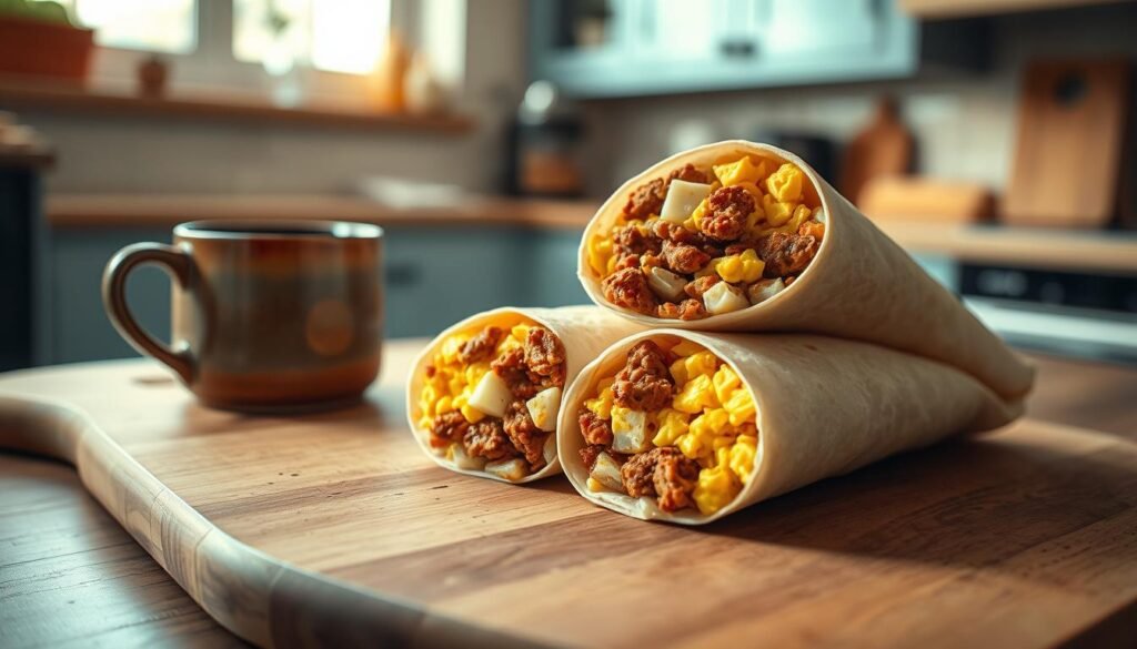 Savory and hearty breakfast burritos, packed with fluffy scrambled eggs, crumbled chorizo sausage, and melted cheddar cheese, nestled in a soft flour tortilla wrapper. Arranged neatly on a wooden cutting board, alongside a rustic ceramic mug filled with hot coffee, in a cozy kitchen with light blue cabinetry and natural wood accents. Warm, indirect lighting casts a soft glow, highlighting the textures and colors of the freshly prepared meal. The burritos appear perfectly portioned for a weight-training enthusiast, ready to fuel an intense workout session.