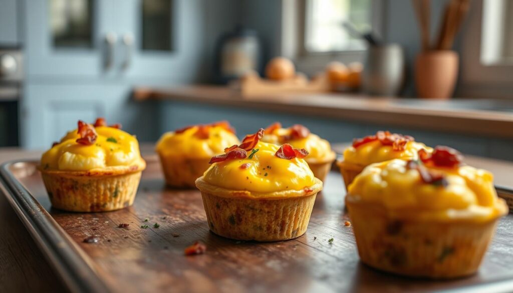 Savory egg muffins freshly baked in a minimalist, wooden kitchen with light blue accents. Fluffy, golden-brown eggs filled with melted cheddar, crispy bacon bits, and aromatic herbs, arranged neatly on a rustic baking tray. Soft, natural lighting filters through the window, casting a warm glow on the delectable muffins. The scene conveys a cozy, inviting atmosphere, perfect for a hearty, make-ahead breakfast.