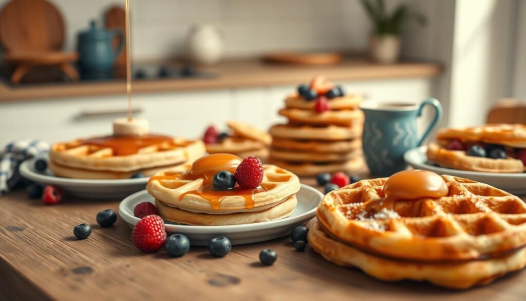 Savory sweet pancakes and waffles, fresh from the griddle, artfully arranged on a rustic wooden table. Warm golden hues bathe the scene, complemented by soft blue and white accents. Vibrant berries and a drizzle of maple syrup add pops of color, inviting the senses. A minimalist kitchen backdrop with clean lines and natural textures sets the stage for this tempting breakfast composition. Angles and perspectives highlight the delicate interplay of sweet and savory, creating an irresistible culinary still life. Soft, diffused lighting casts a cozy, inviting glow over the scene.