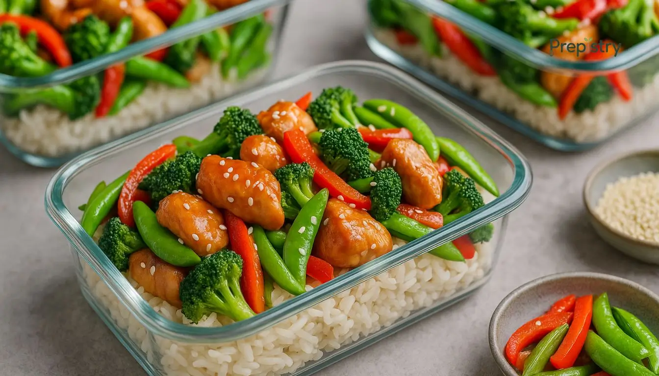 Sesame Ginger Chicken Stir Fry Meal Prep Colorful chicken stir fry with broccoli, snap peas, and peppers in meal prep containers