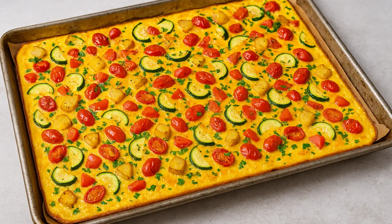 Sheet Pan Garden Veggie Egg Bake Sheet pan vegetable frittata with zucchini, tomatoes, and potatoes