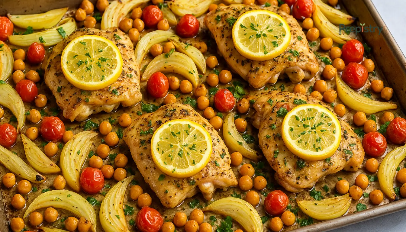 Sheet Pan Lemon-Herb Chicken Lemon-herb roasted chicken thighs with fennel, chickpeas, and cherry tomatoes on a sheet pan