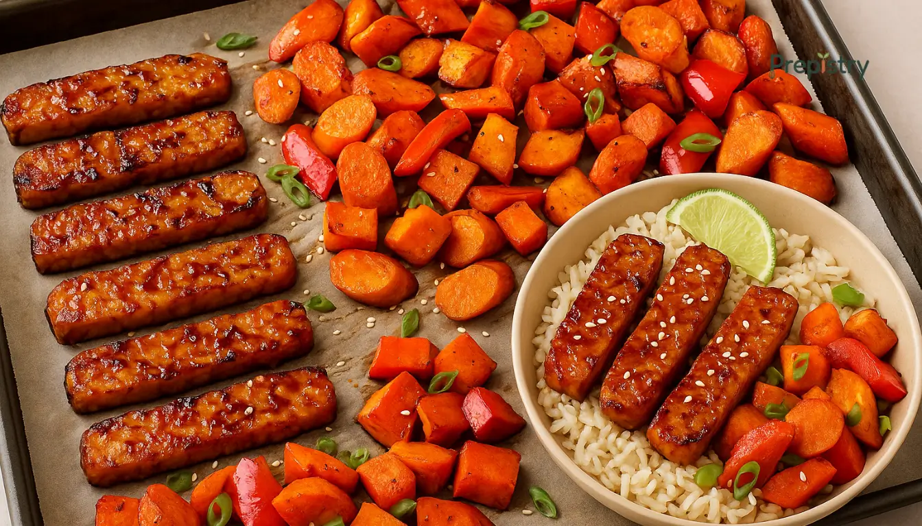 Sheet Pan Miso-Ginger Glazed Tempeh Alt: Glazed tempeh strips with colorful roasted vegetables on a sheet pan and rice bowl
