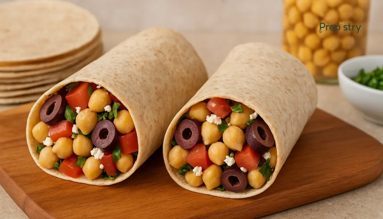 Shelf-Stable Mediterranean Chickpea Wraps Two Mediterranean chickpea wraps with olives, tomatoes, and greens on a wooden board