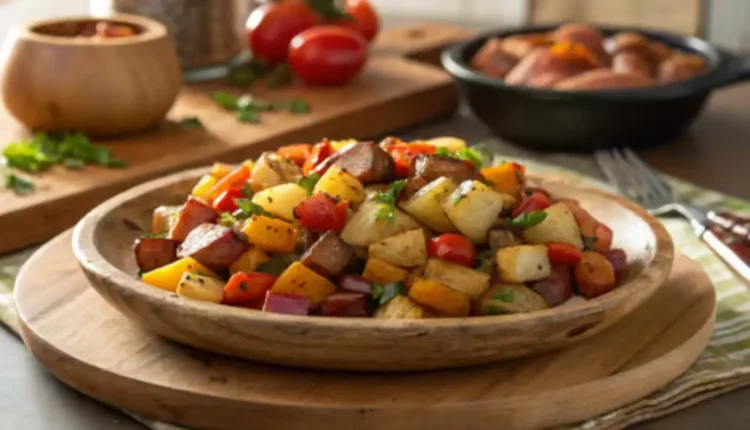 Rustic hash with potatoes, bell peppers, and herbs in a wood bowl