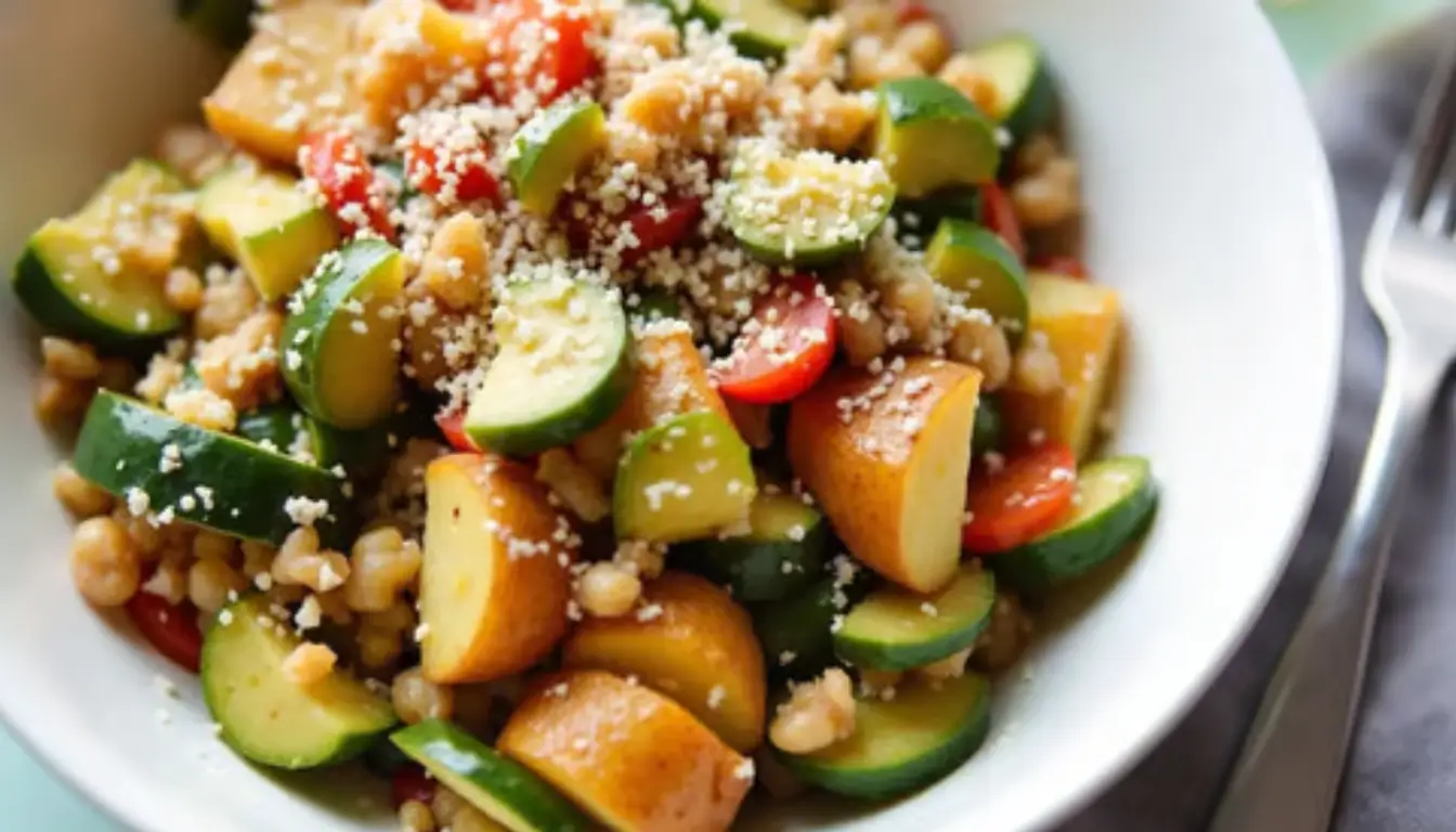 Zucchini, potatoes, and chickpeas in a white bowl topped with cheese