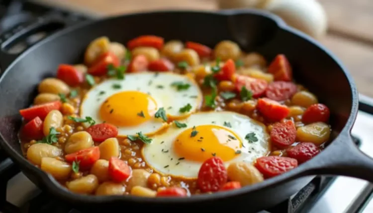 Skillet with eggs, tomatoes, and white beans garnished with parsley
