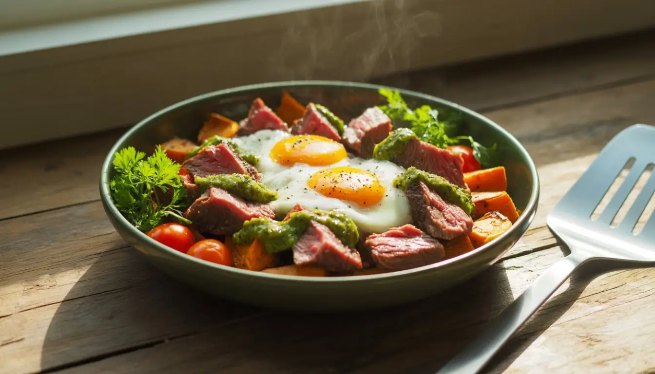 Sizzling Steak Egg Breakfast Bowl 2 A flavorful breakfast bowl with steak, eggs, tomatoes, and salsa topping.