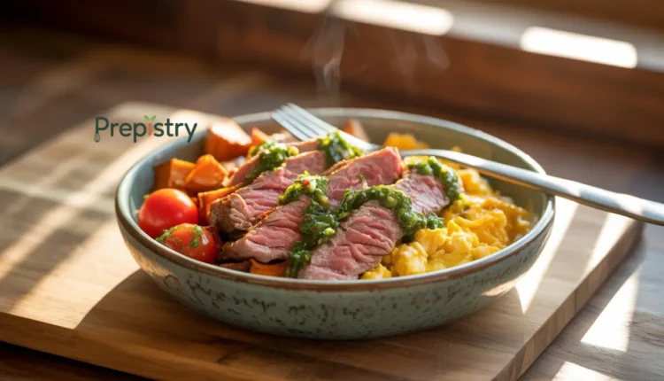 A delicious breakfast bowl with steak, eggs, sweet potatoes, and tomatoes.