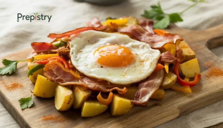 Sizzling turkey bacon, seasoned potatoes, and a fried egg served on wood.