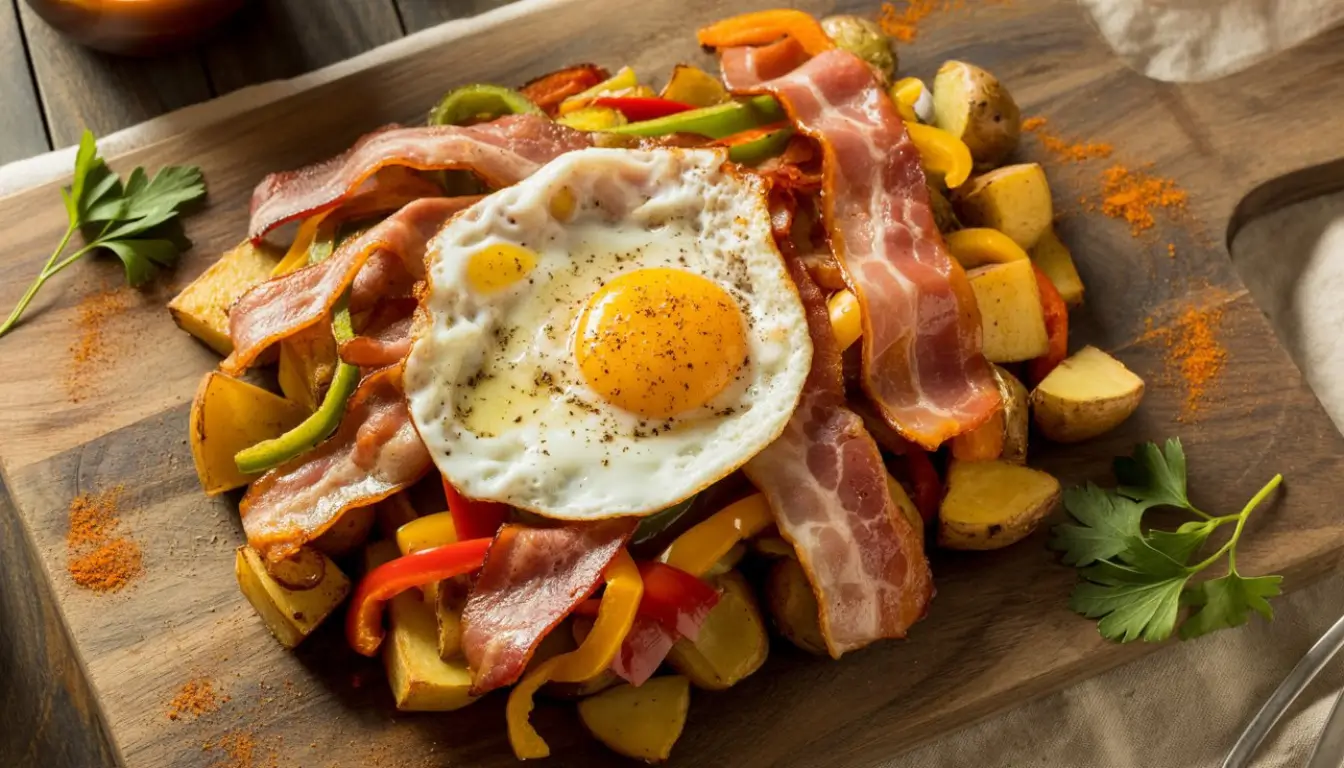 Sizzling Turkey Bacon Potato Breakfast Hash 2 A vibrant breakfast hash with turkey bacon, potatoes, and a fried egg.