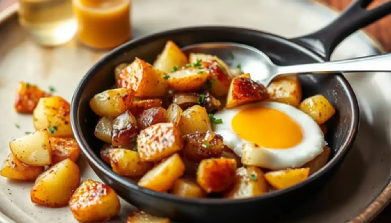 Golden brown potato hash with sunny-side egg in mini skillet