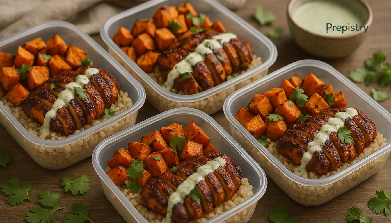 Smoky Chipotle Chicken and Sweet Potato Bowls Smoky chipotle chicken with roasted sweet potatoes in meal prep containers on brown rice