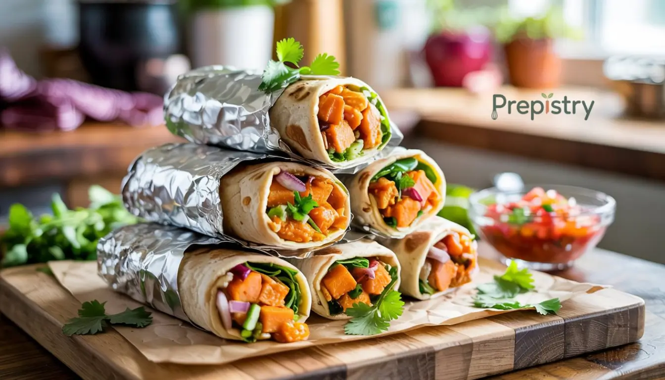 Smoky Sweet Potato Breakfast Burritos Smoky sweet potato breakfast burritos filled with cilantro, onions, and sweet potato.