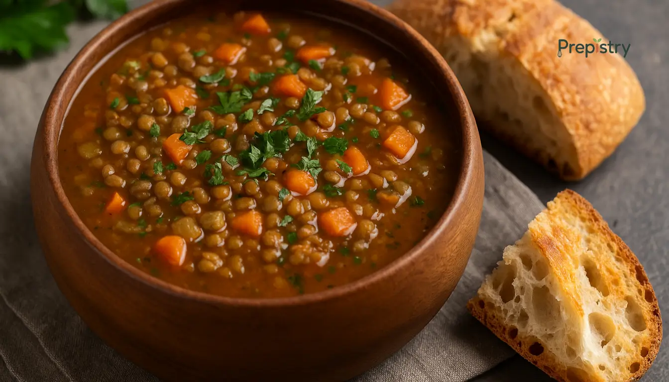 Soupe de lentilles aux légumes pour thermos Hearty lentil vegetable soup served in a rustic wooden bowl with crusty bread on the side