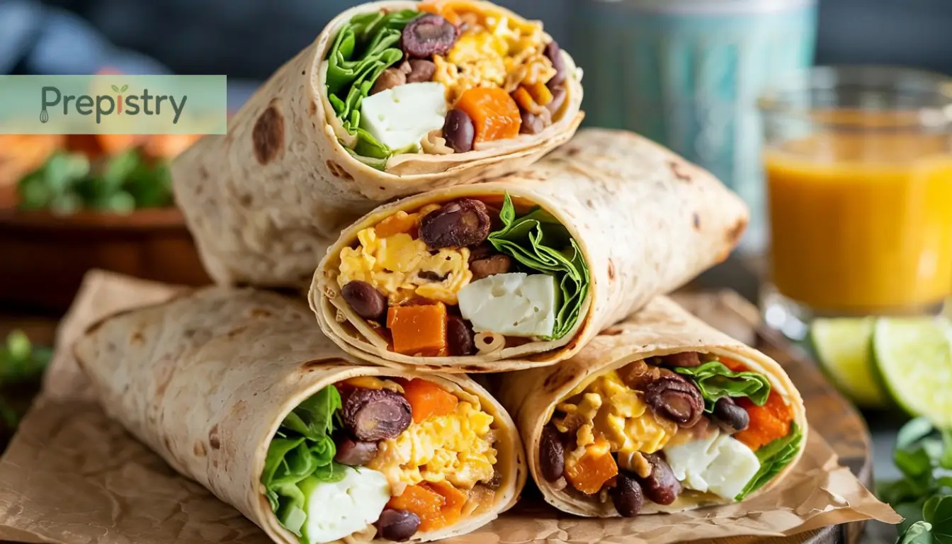 Southwest breakfast burritos with scrambled eggs, spinach, black beans, and cheese wrapped in a tortilla.