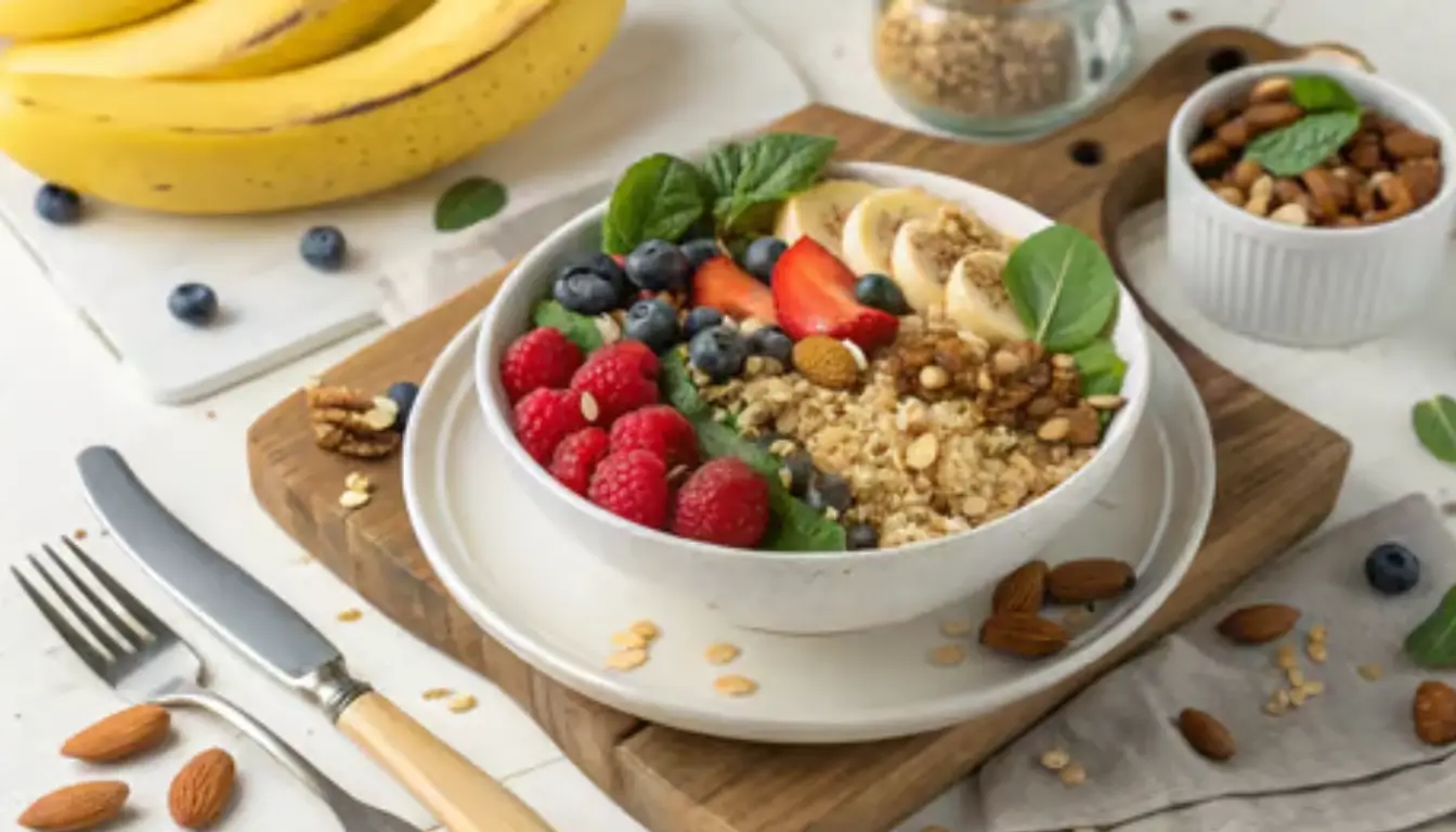 Speedy Morning Protein Power Bowl 2 Protein-packed smoothie bowl with banana, berries, oats, and almonds
