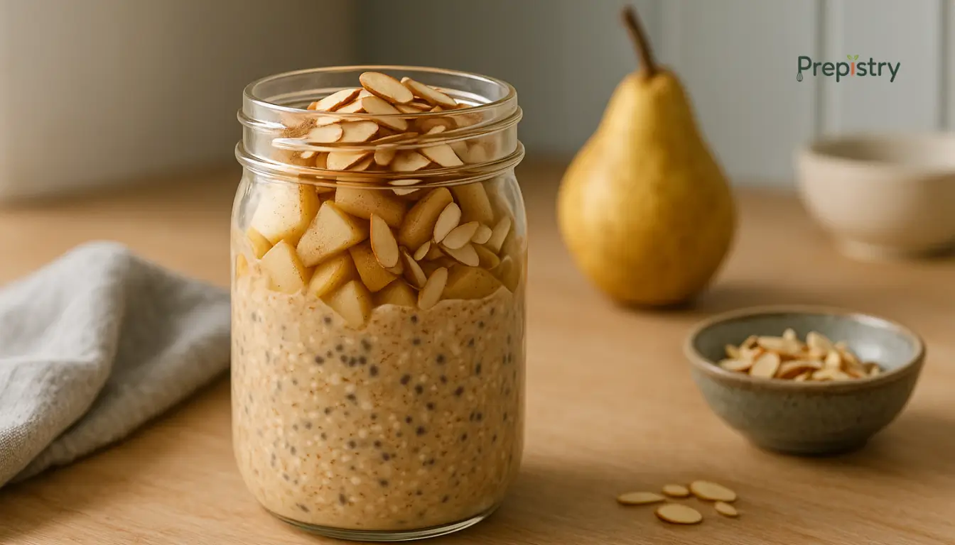 Spiced Pear & Almond Overnight Oats Jar of creamy overnight oats topped with diced pear and almond slices on a wooden surface.