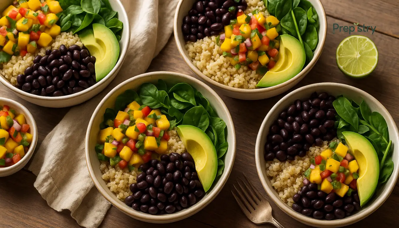 Spicy Mango Black Bean Quinoa Bowls Colorful grain bowls with black beans, mango salsa, quinoa, avocado, and greens on wood